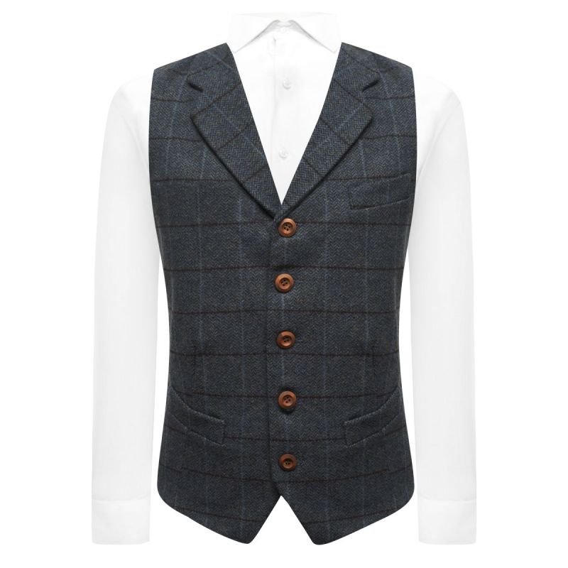 king & priory Aegean Blue Herringbone Check Waistcoat with Lapel
