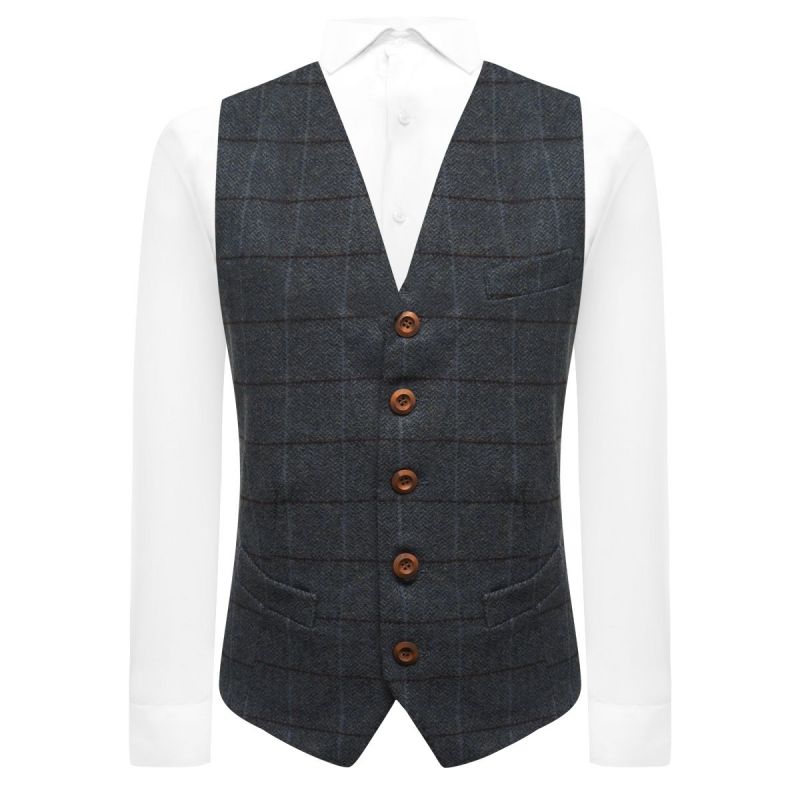 king & priory Aegean Blue Herringbone Check Waistcoat