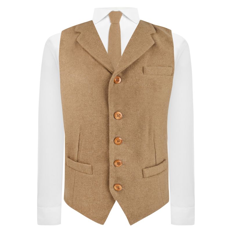 King & Priory Almond Brown Woven Wool Waistcoat With Lapel