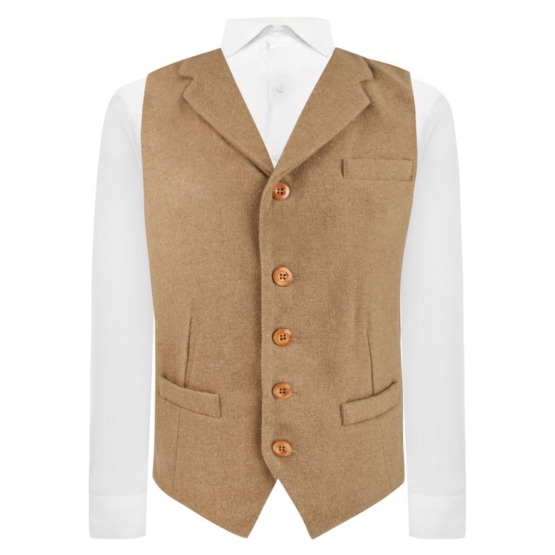 King & Priory Almond Brown Woven Wool Waistcoat With Lapel
