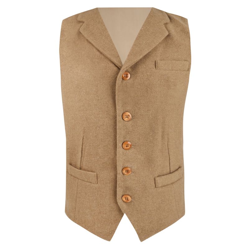 king & priory Almond Brown Woven Wool Waistcoat with Lapel