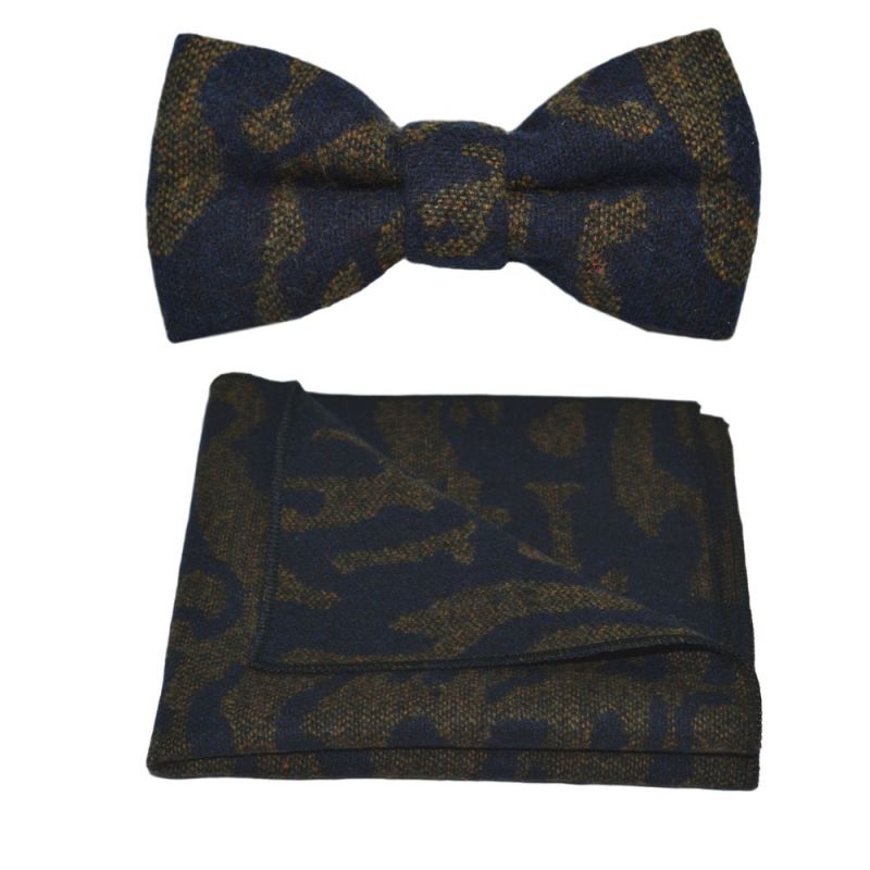 King & Priory Arabic Navy Blue Pattern Bow Tie & Pocket Square Set