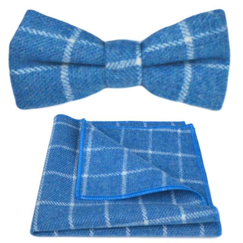 King & Priory Azure Blue Birdseye Check Bow Tie & Pocket Square Set