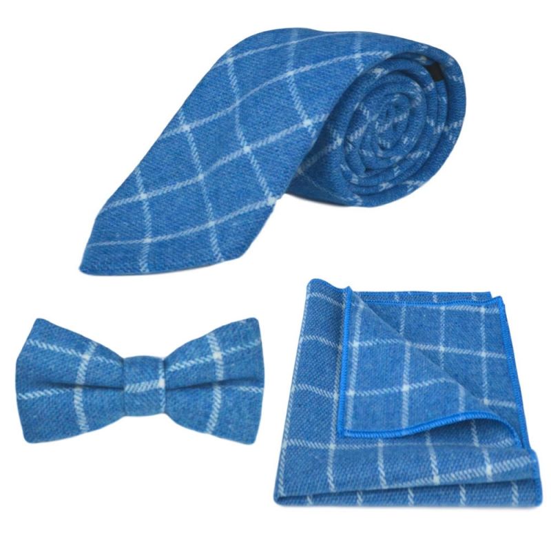 king & priory Azure Blue Birdseye Check Tie Bow Tie & Pocket Square Set