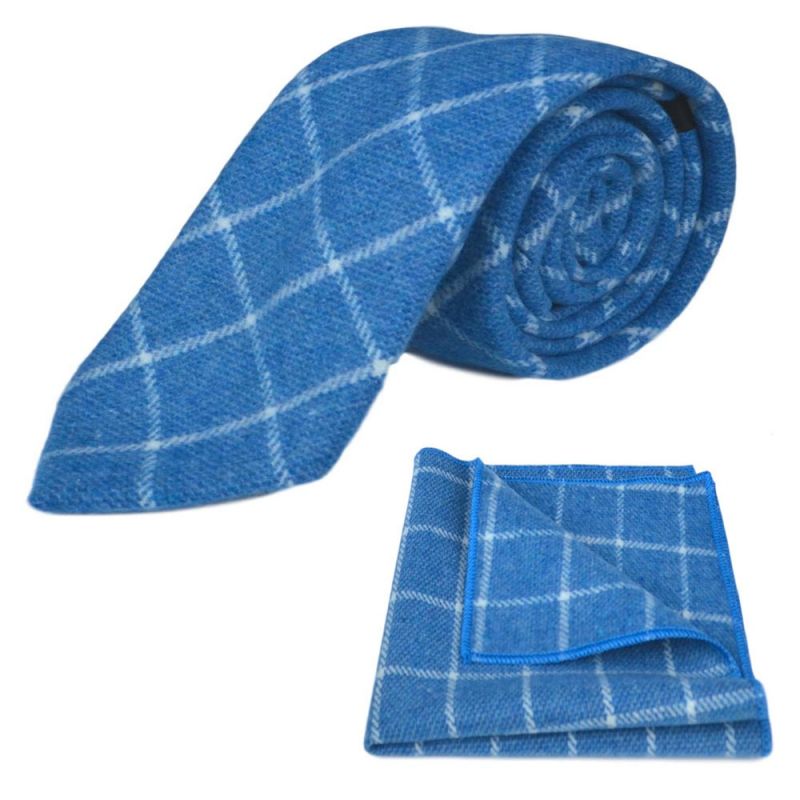 king & priory Azure Blue Birdseye Check Tie & Pocket Square Set