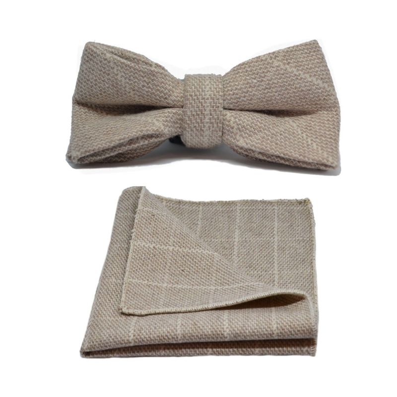 King & Priory Beige Birdseye Check Bow Tie & Pocket Square Set