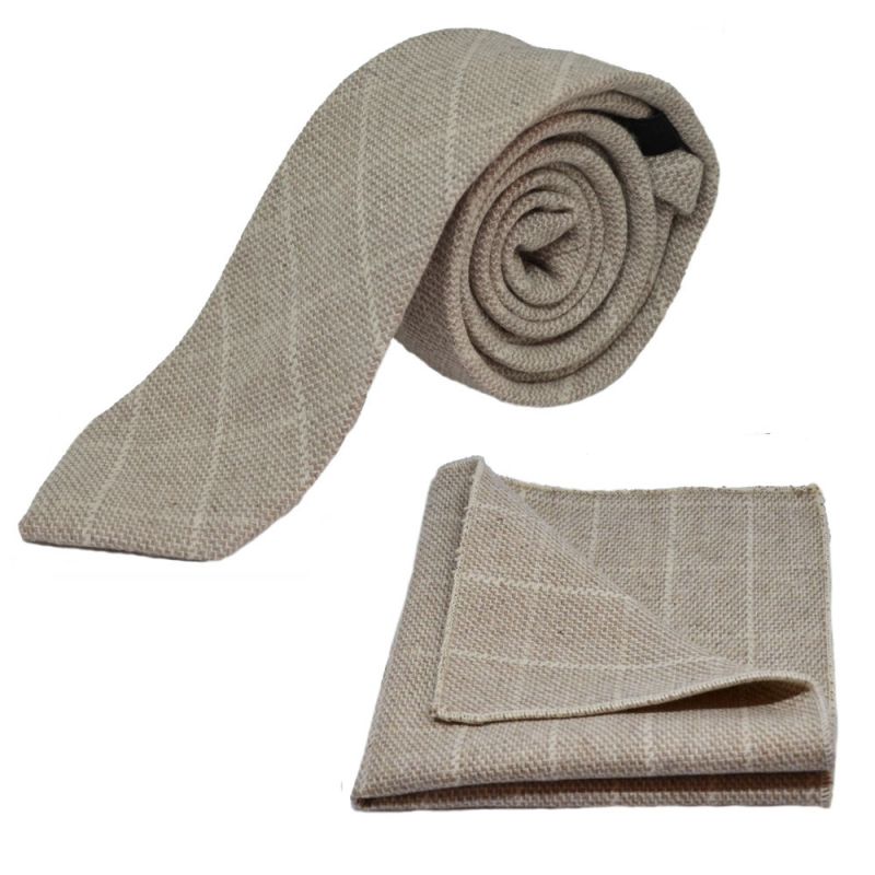king & priory Beige Birdseye Check Tie & Pocket Square Set