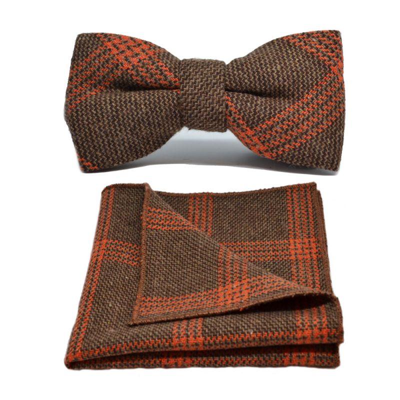 King & Priory Biscuit Brown & Orange Birdseye Check Bow Tie & Pocket Square Set