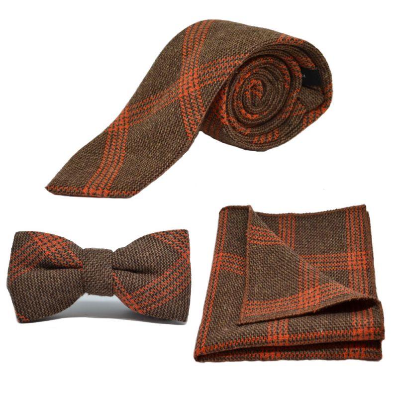 King & Priory Biscuit Brown & Orange Birdseye Check Tie Bow Tie & Pocket Square Set