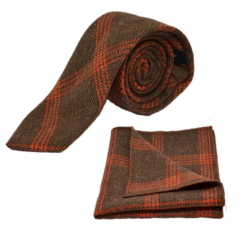 king & priory Biscuit Brown & Orange Birdseye Check Tie & Pocket Square Set