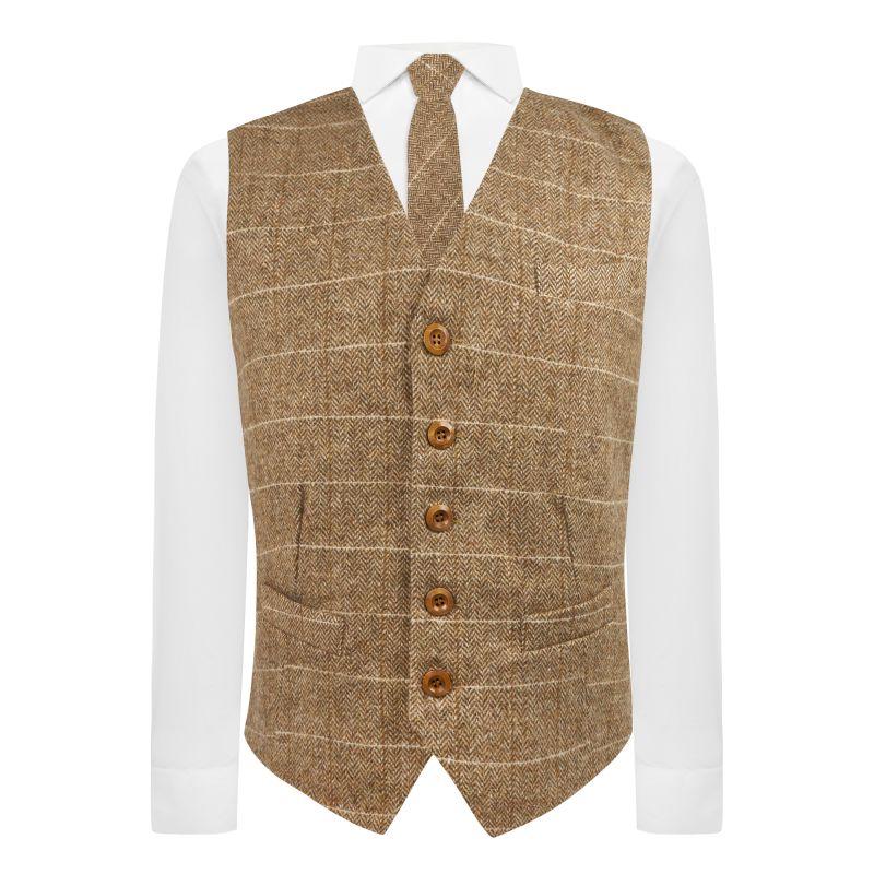 King & Priory Brown Herringbone Windowpane Check Waistcoat