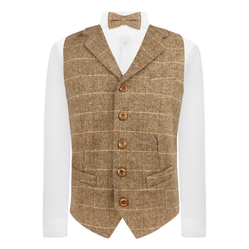 King & Priory Brown Herringbone Windowpane Check Waistcoat With Lapel