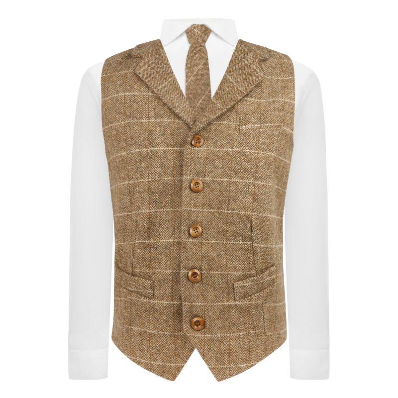 King & Priory Brown Herringbone Windowpane Check Waistcoat With Lapel