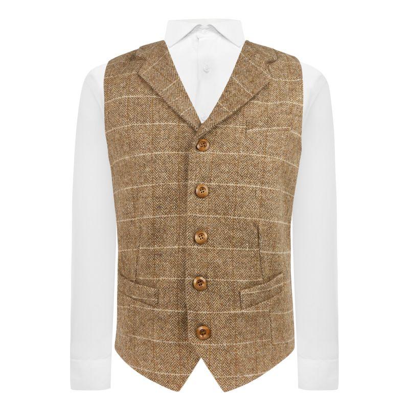 King & Priory Brown Herringbone Windowpane Check Waistcoat With Lapel