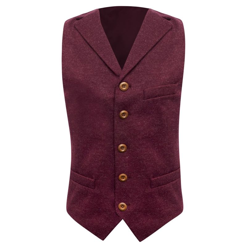 King & Priory Burgundy Donegal Tweed Waistcoat With Lapel