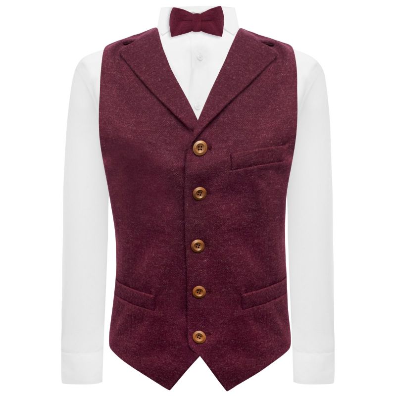 King & Priory Burgundy Donegal Tweed Waistcoat With Lapel