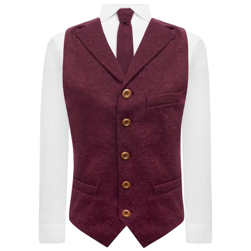 King & Priory Burgundy Donegal Tweed Waistcoat With Lapel