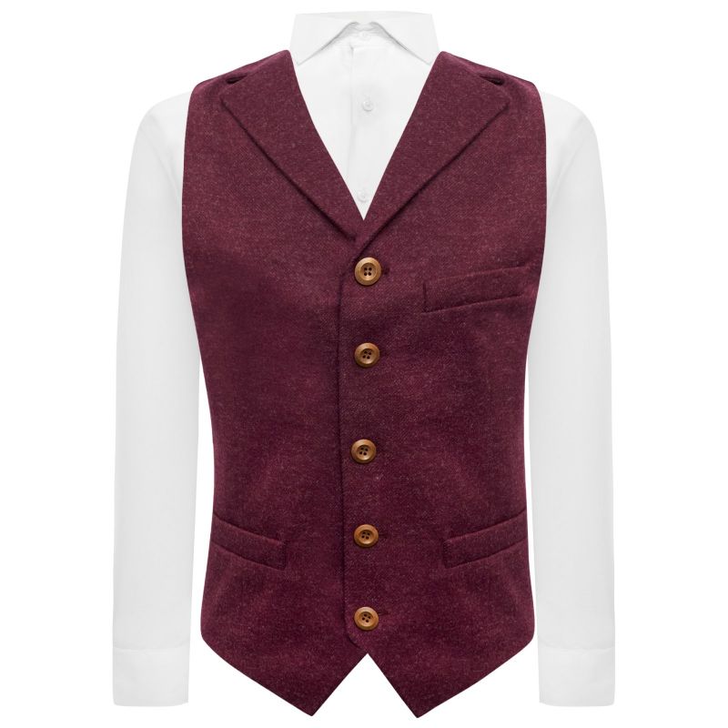 king & priory Burgundy Donegal Tweed Waistcoat with Lapel