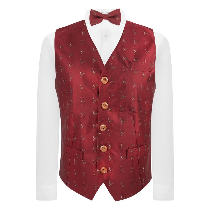 King & Priory Burgundy Red Herringbone Pheasant Waistcoat