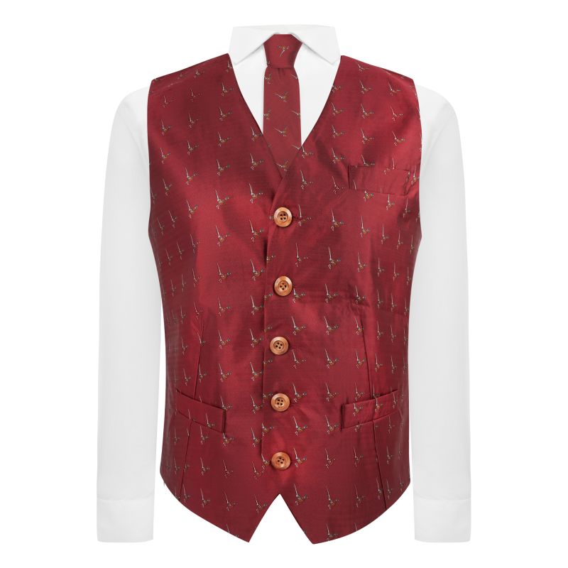King & Priory Burgundy Red Herringbone Pheasant Waistcoat