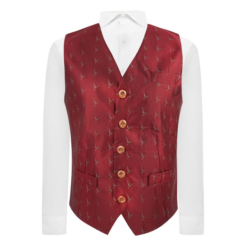 king & priory Burgundy Red Herringbone Pheasant Waistcoat
