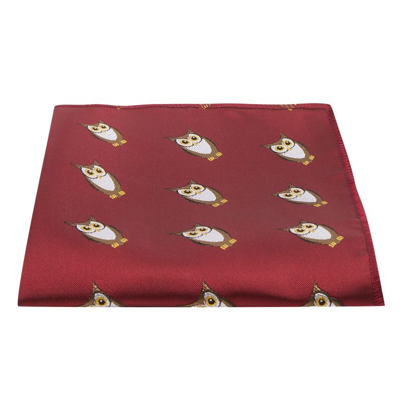 King & Priory Burgundy Red Owl Embroidered Pocket Square