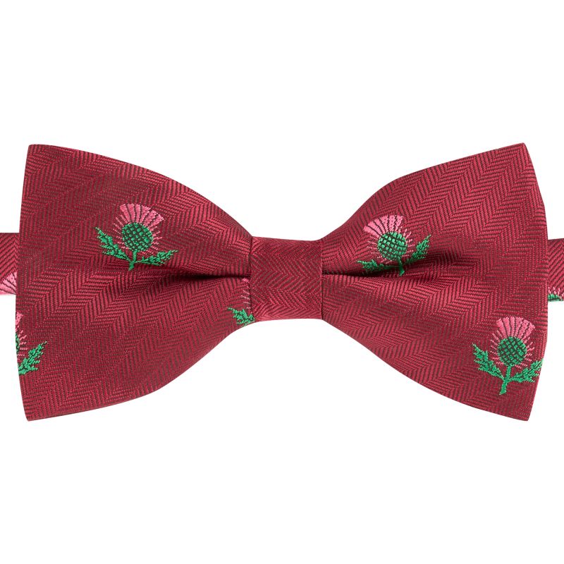 King & Priory Burgundy Red Scottish Thistle Herringbone Bow Tie