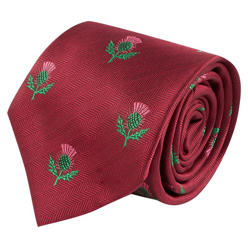 King & Priory Burgundy Red Scottish Thistle Herringbone Tie