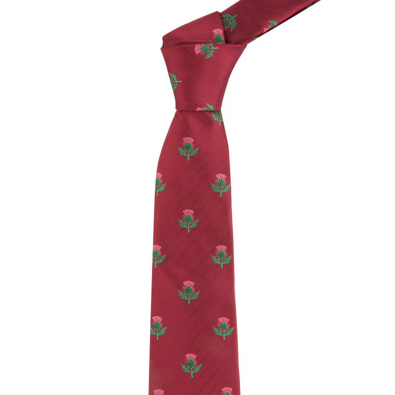 king & priory Burgundy Red Scottish Thistle Herringbone Tie