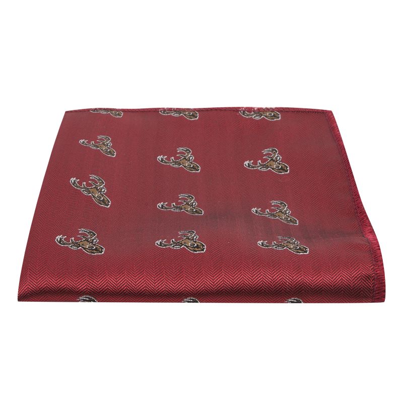 king & priory Burgundy Red Stag Head Herringbone Pocket Square