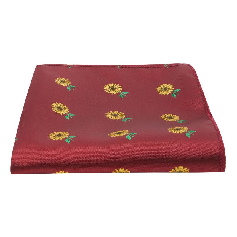 King & Priory Burgundy Red Sunflower Embroidered Pocket Square
