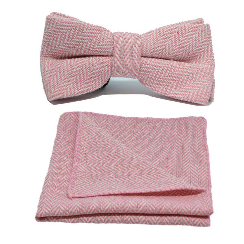 king & priory Candy Pink & Cream Herringbone Bow Tie & Pocket Square Set