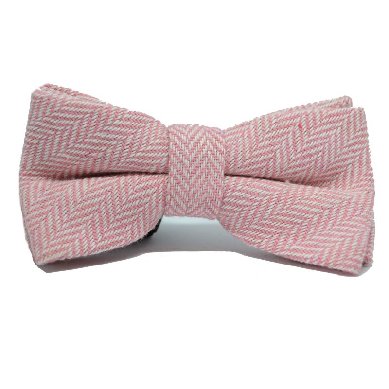 King & Priory Candy Pink & Cream Herringbone Tie Bow Tie & Pocket Square Set