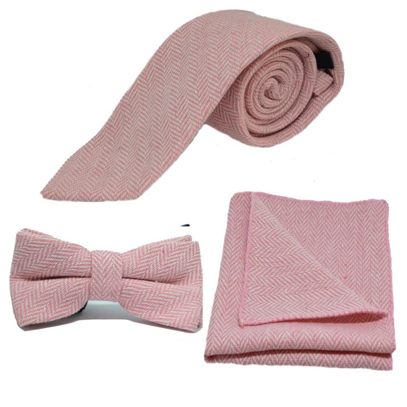 king & priory Candy Pink & Cream Herringbone Tie Bow Tie & Pocket Square Set