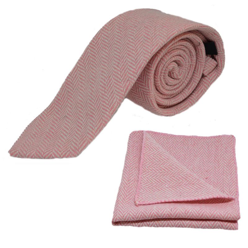 king & priory Candy Pink & Cream Herringbone Tie & Pocket Square Set