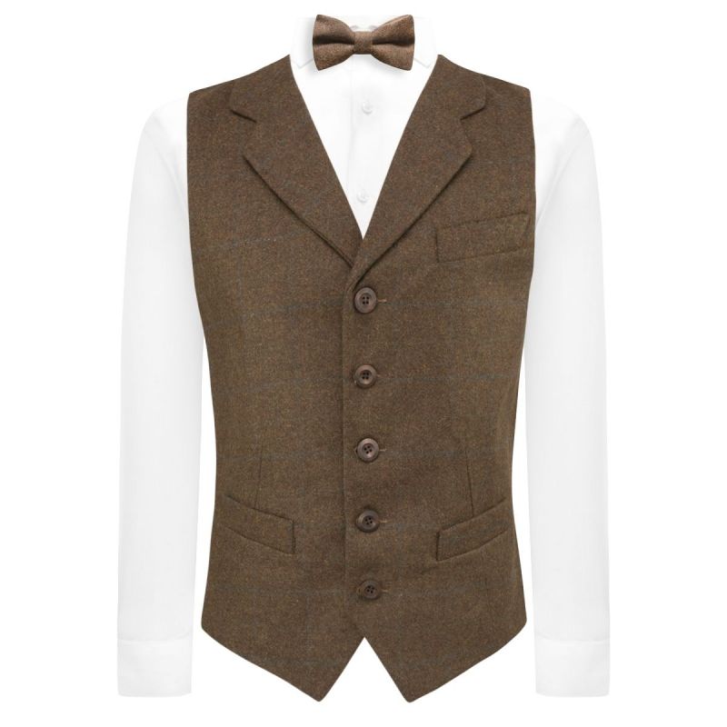 King & Priory Cedar Brown Heritage Check Waistcoat With Lapel