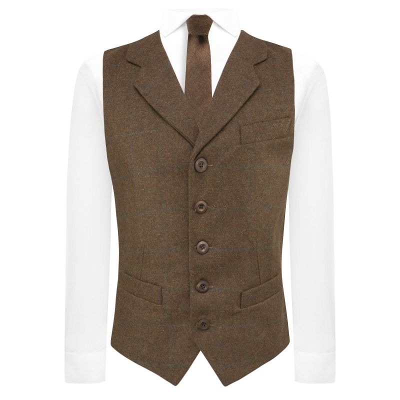 King & Priory Cedar Brown Heritage Check Waistcoat With Lapel
