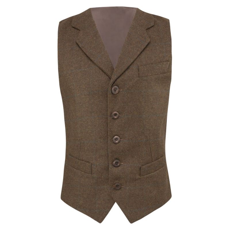 King & Priory Cedar Brown Heritage Check Waistcoat With Lapel