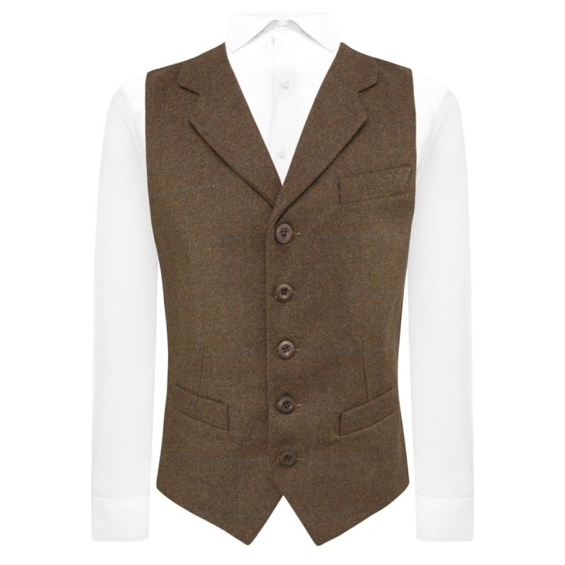 king & priory Cedar Brown Heritage Check Waistcoat with Lapel