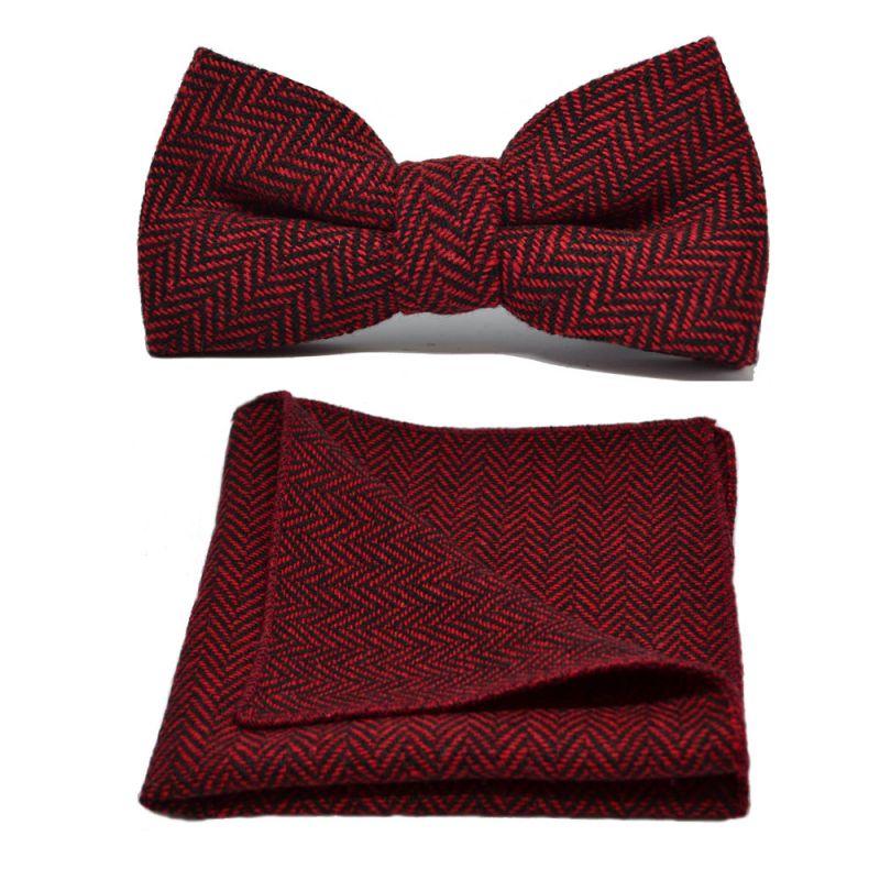 King & Priory Cranberry Red & Black Herringbone Bow Tie & Pocket Square Set