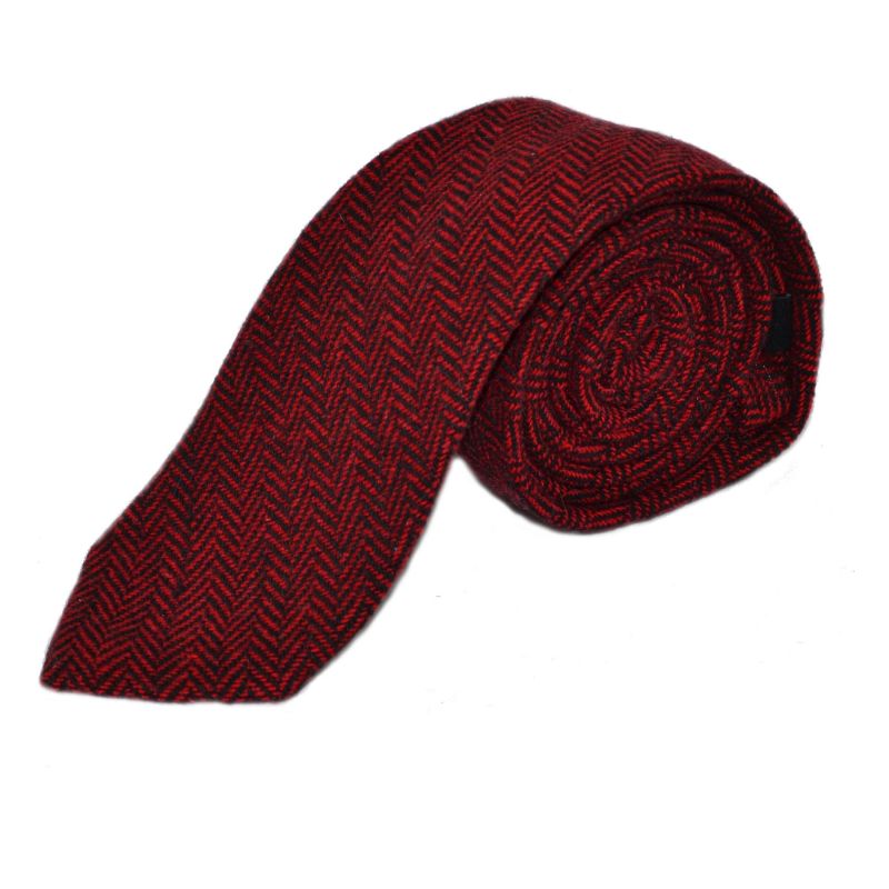 King & Priory Cranberry Red & Black Herringbone Tie Bow Tie & Pocket Square Set