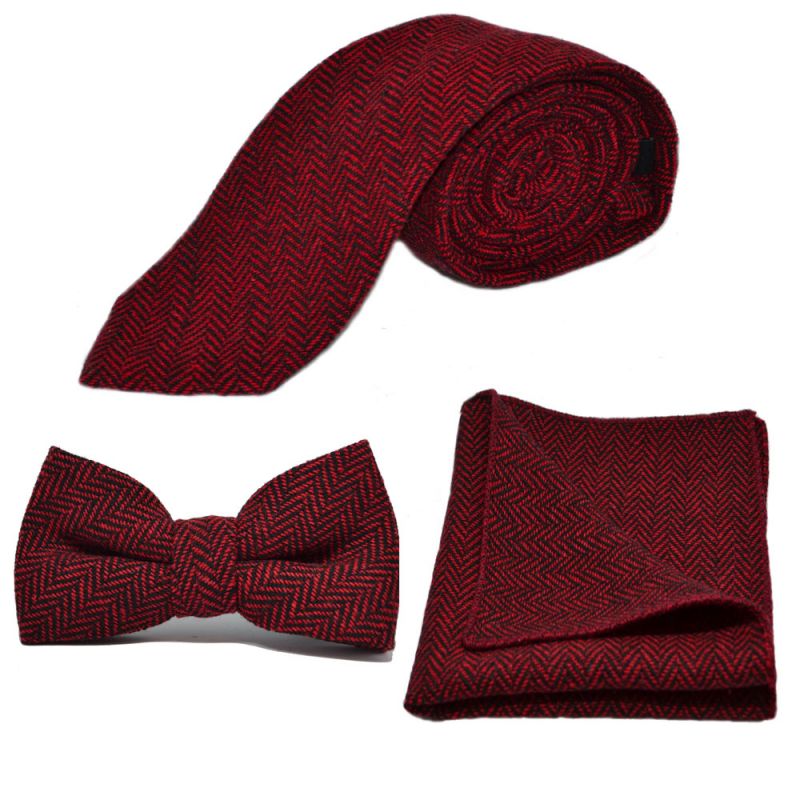 King & Priory Cranberry Red & Black Herringbone Tie Bow Tie & Pocket Square Set