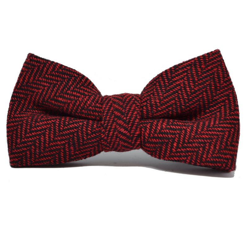 king & priory Cranberry Red & Black Herringbone Tie Bow Tie & Pocket Square Set