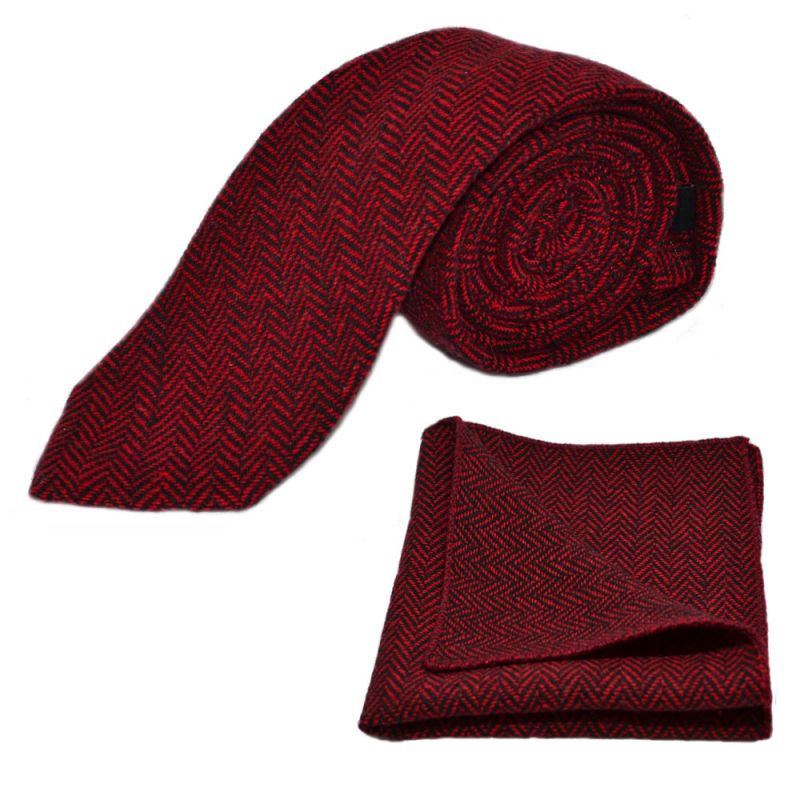 king & priory Cranberry Red & Black Herringbone Tie & Pocket Square Set