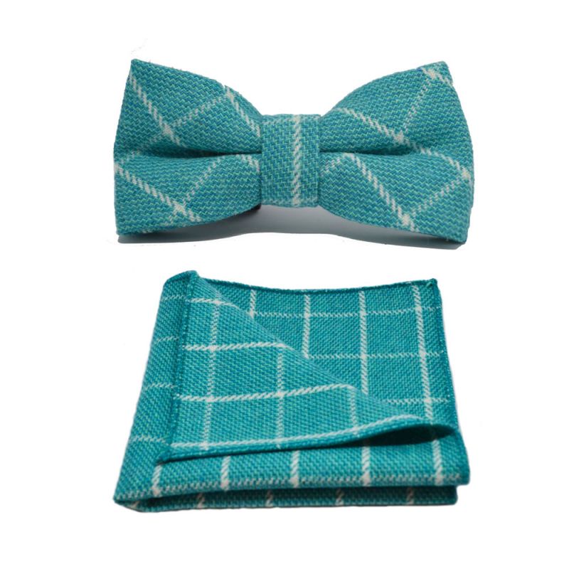 king & priory Cyan Birdseye Check Bow Tie & Pocket Square Set