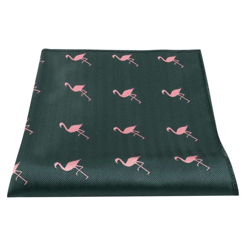 King & Priory Dark Green Flamingo Herringbone Pocket Square