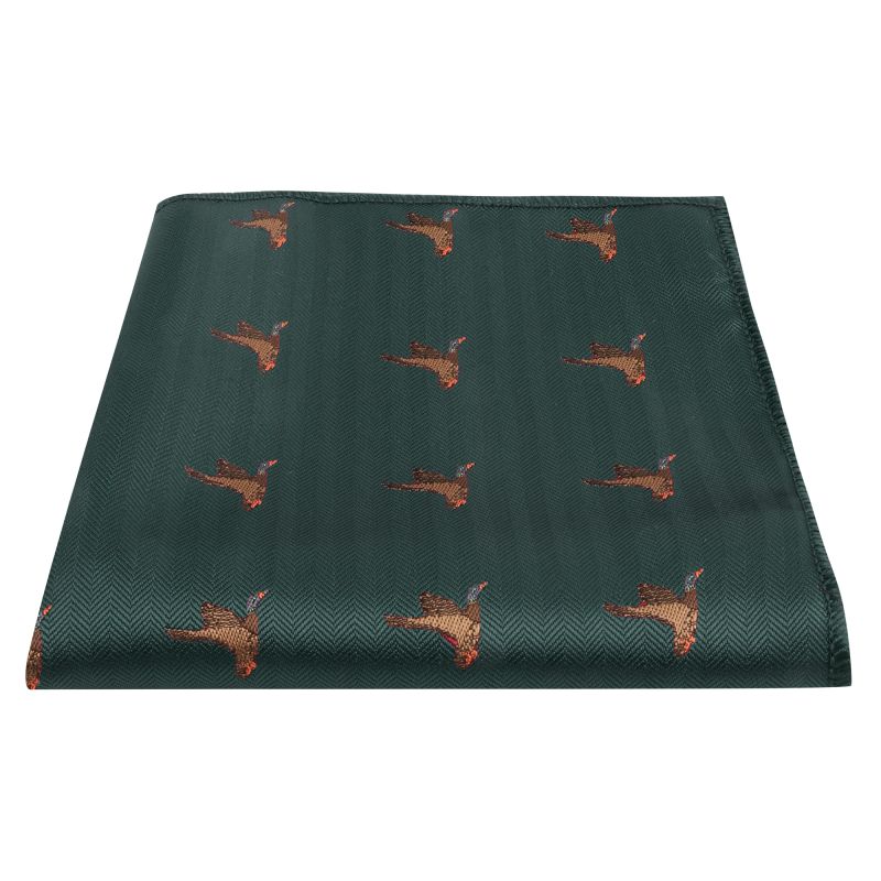 King & Priory Dark Green Flying Duck Herringbone Pocket Square