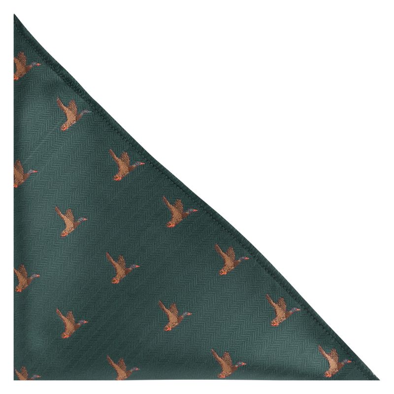 king & priory Dark Green Flying Duck Herringbone Pocket Square