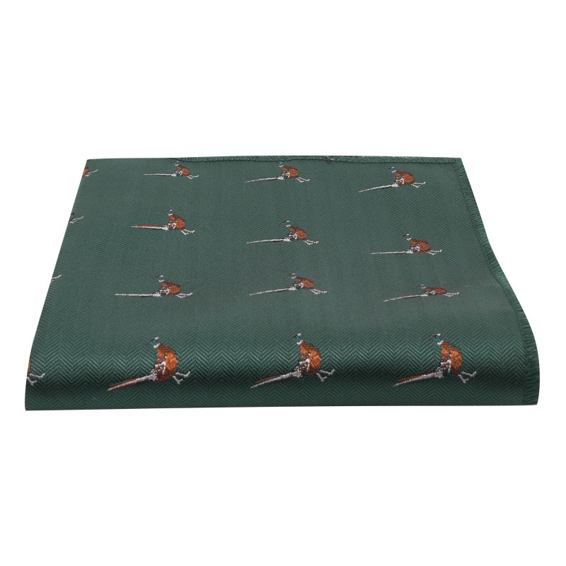 king & priory Dark Green Herringbone Pheasant Pocket Square