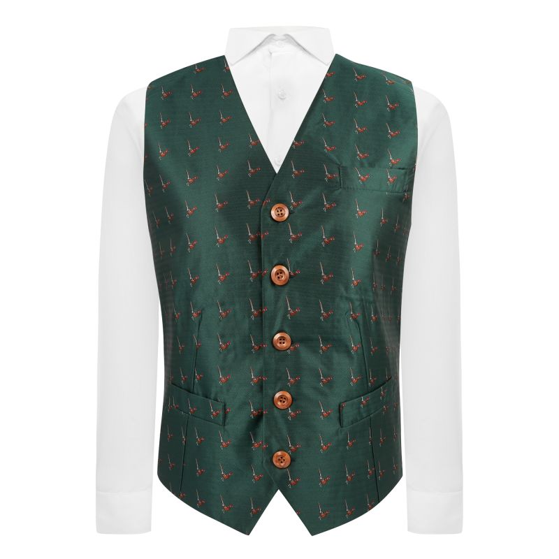 king & priory Dark Green Herringbone Pheasant Waistcoat